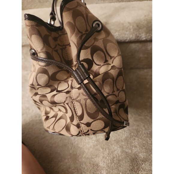 Coach Brown Jacquard Fabric Monogram Tote w/ Side Drawstrings & Leather Accents - Picture 4 of 11